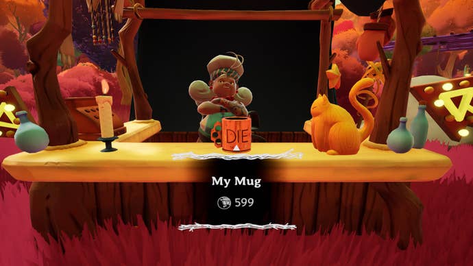 Wanderstop screenshot showing a comedy merchant trying to charge a load of fake money for a mug that reads “DIE”