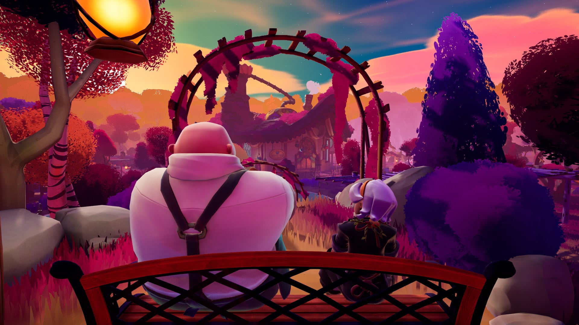 A screenshot from Wanderstop, showing Alta sitting with Boro on a bench, looking over the forest clearing.