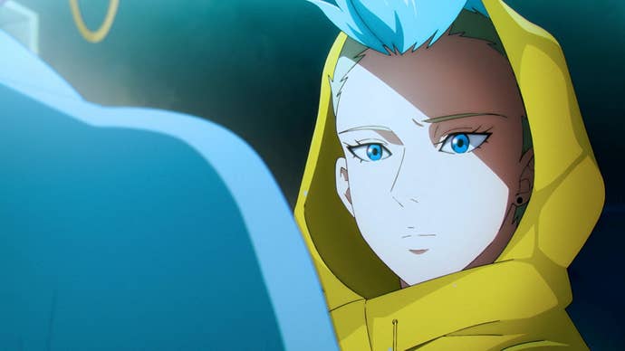 A blue haired woman wearing a yellow jacket with the hood pulled over her head looks at a police officer whose face is off-camera. It’s an anime cutscene from Wanted: Dead.