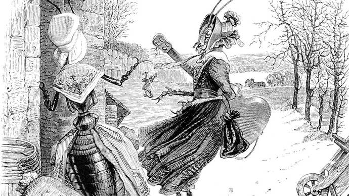 An anthropomorphous grasshopper stands in a winter landscape carrying a guitar and talking to an ant seen from behind and leaning on the wall of her house.