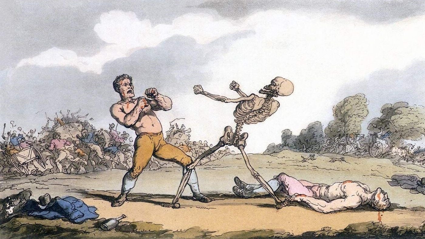 A boxer fights the skeletal figure of death on a field, with rioters in the background. - 1