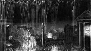 A fireworks display in the illustration 'A Perfect Description of the Firework in Covent Garden that was performd at the Charge of the Gentry and other inhabitants of that Parish, for ye joyfull returan of His Majesty from his conquest in Ireland, Sept. 1'