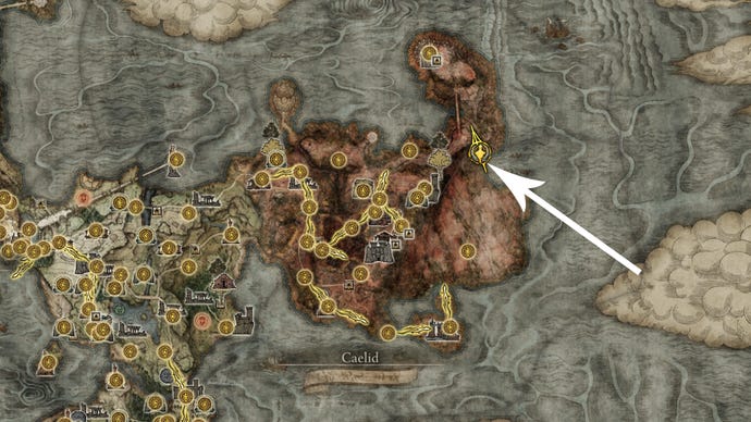 An Elden Ring map showing the War-Dead Catacombs location.
