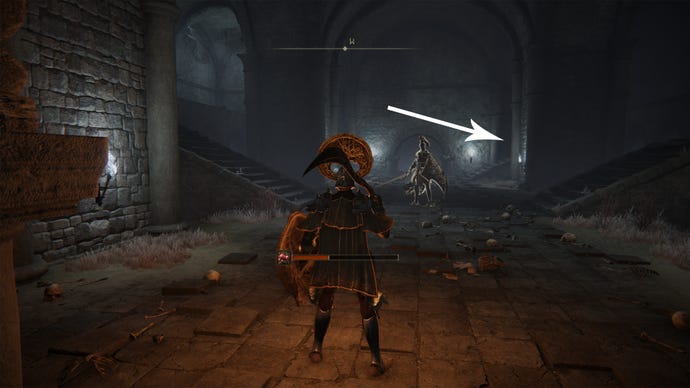 A room with a spirit knight in the Elden Ring War-Dead Catacombs.