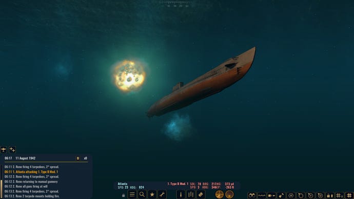 A depth charge narrowly misses a submarine