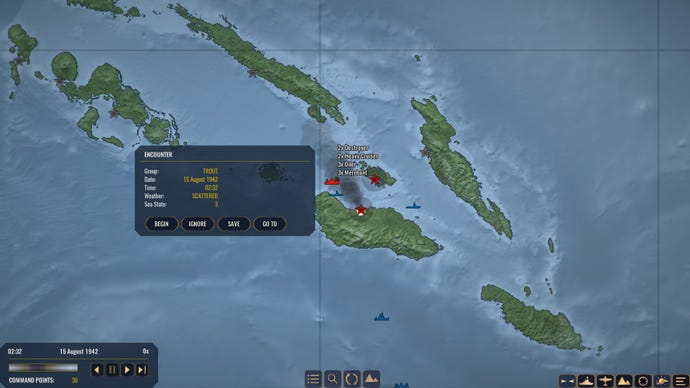 Part of the map of War On The Sea, showing several islands, ports, and an enemy encounter