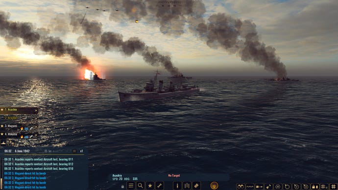 A victorious warship sails on in the foreground, while three smoking, sinking others litter the ocean in the background