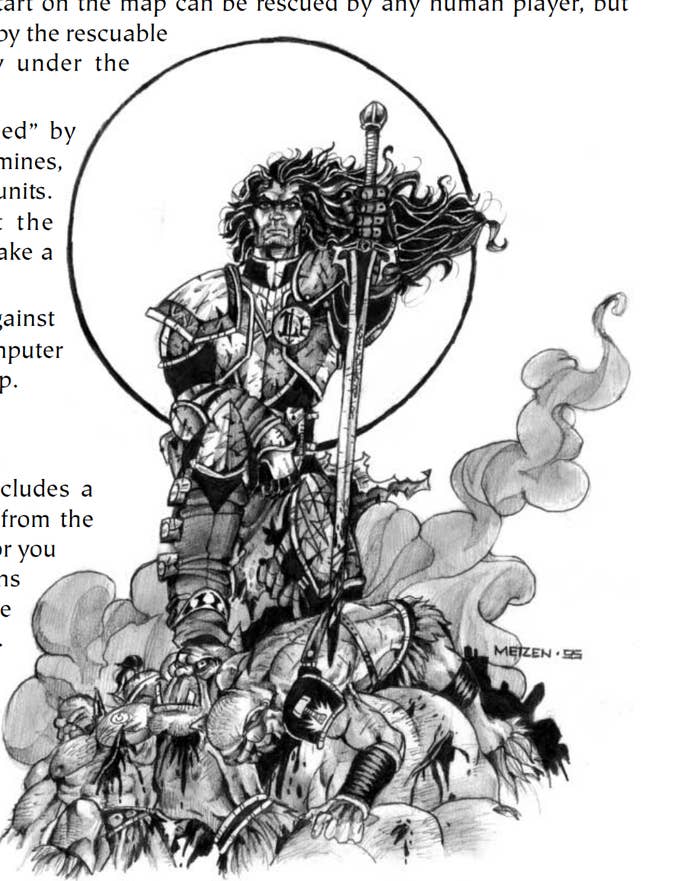 A human warrior standing on a pile of dead orcs from Warcraft 2’s manual.