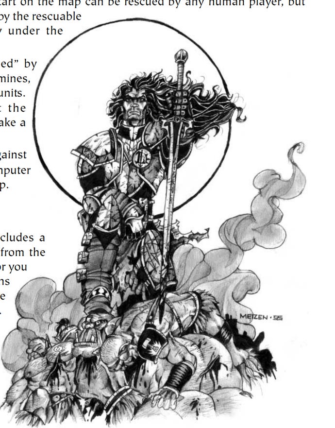 A human warrior standing on a pile of dead orcs from Warcraft 2’s manual.