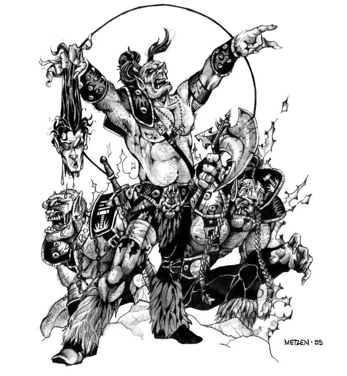 A group of orcs from the Warcraft 2 manual. One is holding a severed human head.