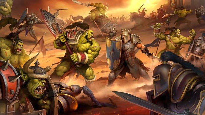 Blizzard artwork showing the familiar sight of hulking green orcs facing off against grey plate-wearing, blue-plume helmeted humans. Will they ever be friends?