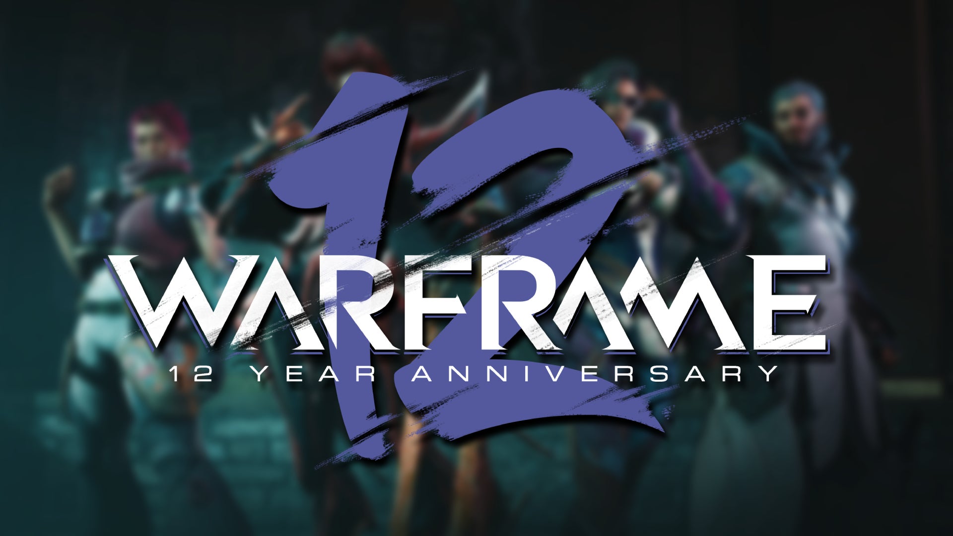 A roster of about five characters in Warframe, with a Warframe 12 year logo over the top. - 1