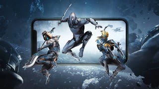 Three Warframes jumping out of an iPhone.