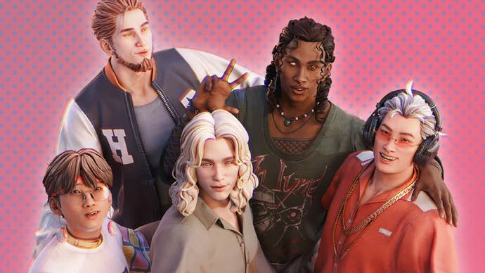 Warframe promotional art showing its fictitious 90s boyband, On-Lyne.
