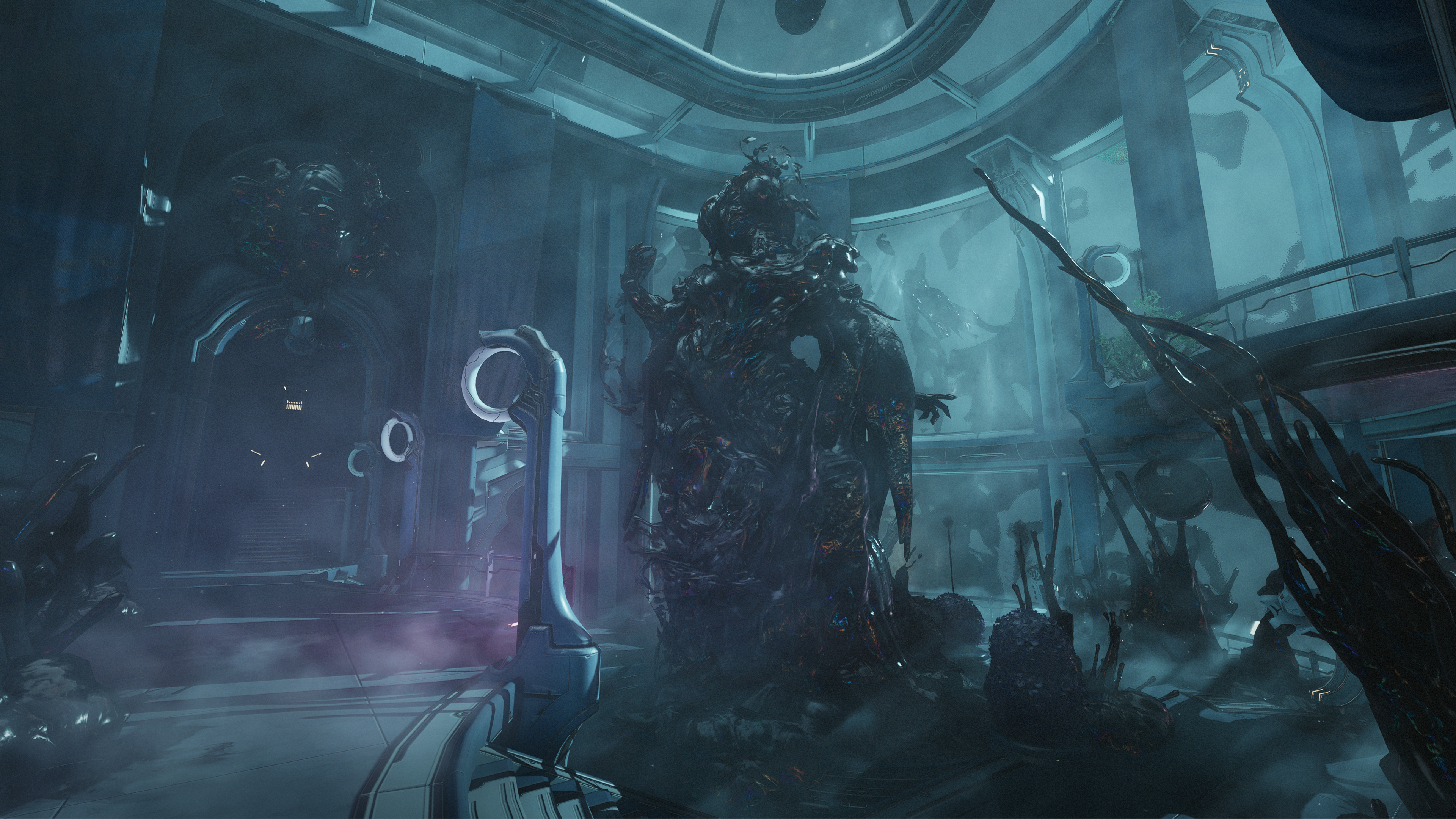 Warframe Shadowgrapher update, inside Folie's Hunt activity where a giant statue is overgrown with gross black inky paint stuff.