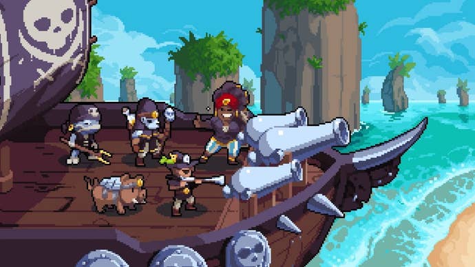A group of pirates sail onto the shores of an island in Wargroove 2