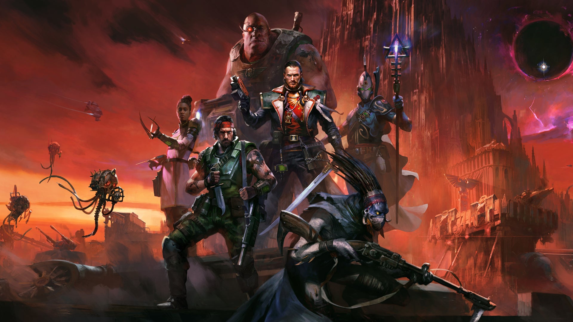 A group of characters, some alien, some human, in front of a citadel in key art for Warhammer 40,000: Dark Heresy. - 1