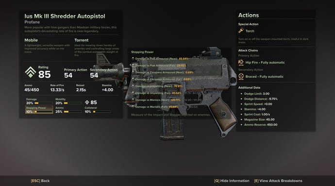 Examining an autopistol in a Warhammer 40,000: Darktide screenshot.