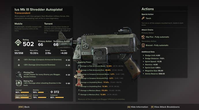 Examining an autopistol in a Warhammer 40,000: Darktide screenshot.