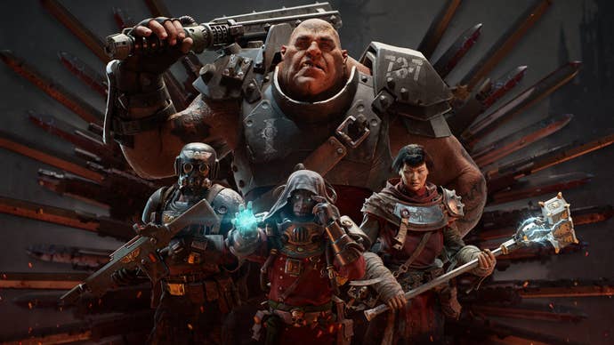 Our motley crew pose in Warhammer 40,000: Darktide’s key art.