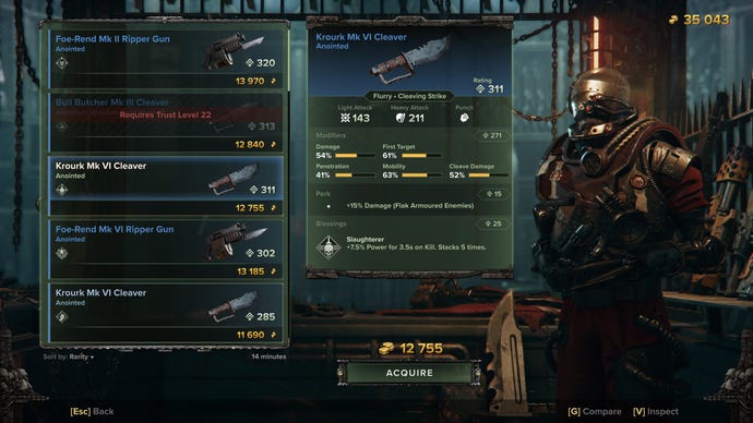 Examining a knife in Warhammer 40,000: Darktide’s Armoury Exchange.