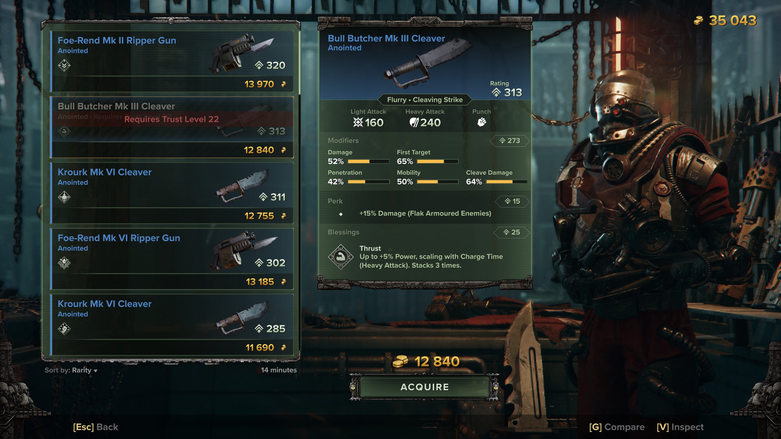 Examining a knife in Warhammer 40,000: Darktide&rsquo;s Armoury Exchange.