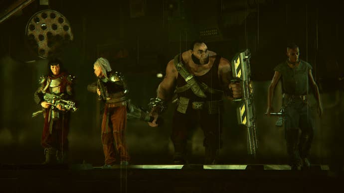 A misfit squad stride out in a Warhammer 40,000: Darktide screenshot.