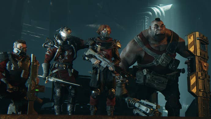 A high-level squad pose in a Warhammer 40,000: Darktide cutscene screenshot.