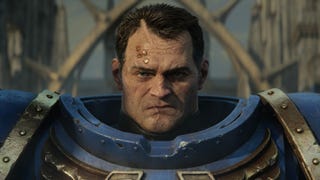 A closeup of our Ultramarine boy in Warhammer 40,000: Space Marine 2 CG artwork.