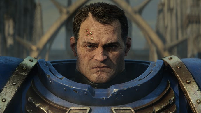 A closeup of our Ultramarine boy in Warhammer 40,000: Space Marine 2 CG artwork.
