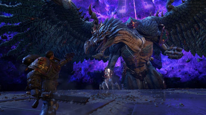 A chaos demon stares down at Titus as the space marine points a gun toward it.