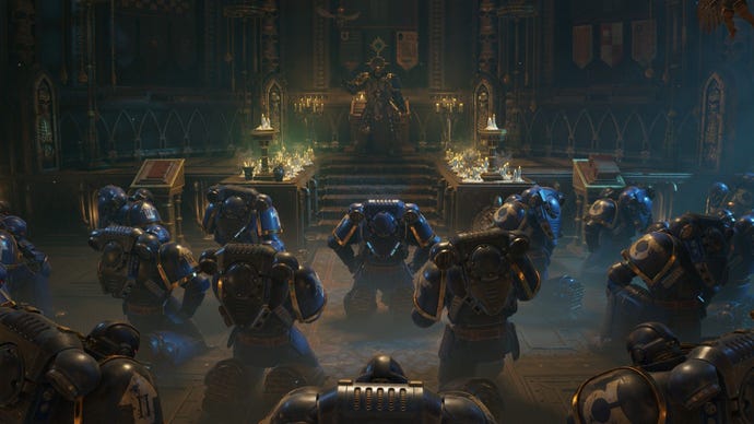Space marines pray as the ship’s chaplain gives a service.