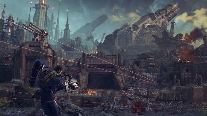 Titus charges into a warzone filled with tyranids.