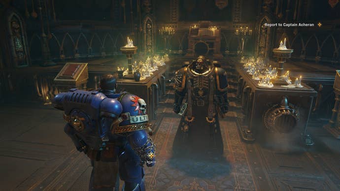 The chaplain of a spaceship stands before Titus.