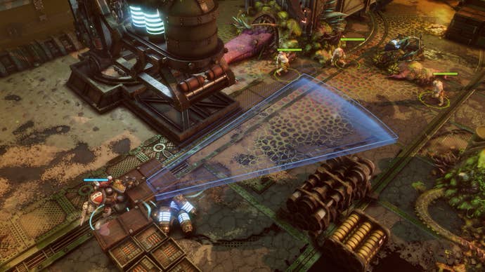 Warhammer 40,000: Chaos Gate - Daemonhunters preview assets featuring turn-based tactics gameplay, the base ship, and assorted shots of your customised four-man squads.