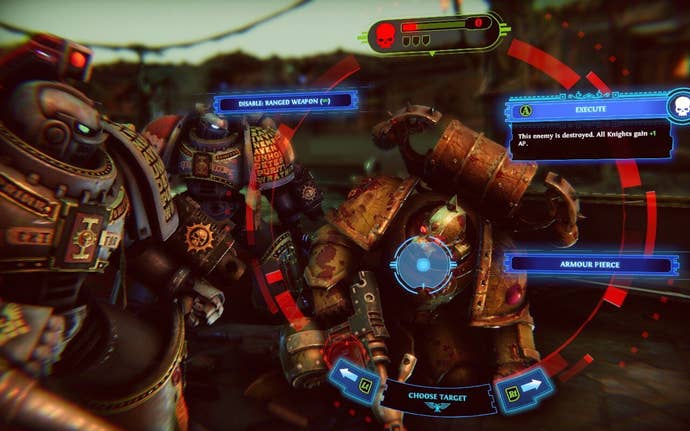 A Grey Knight enters the precision targeting menu after landing a critical hit on an enemy in Warhammer 40K: Chaos Gate - Daemonhunters