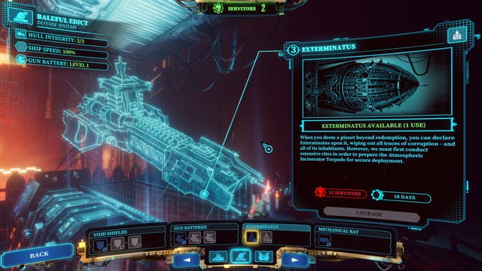 The construction screen where you can repair parts of your ship in Warhammer 40K: Chaos Gate - Daemonhunters