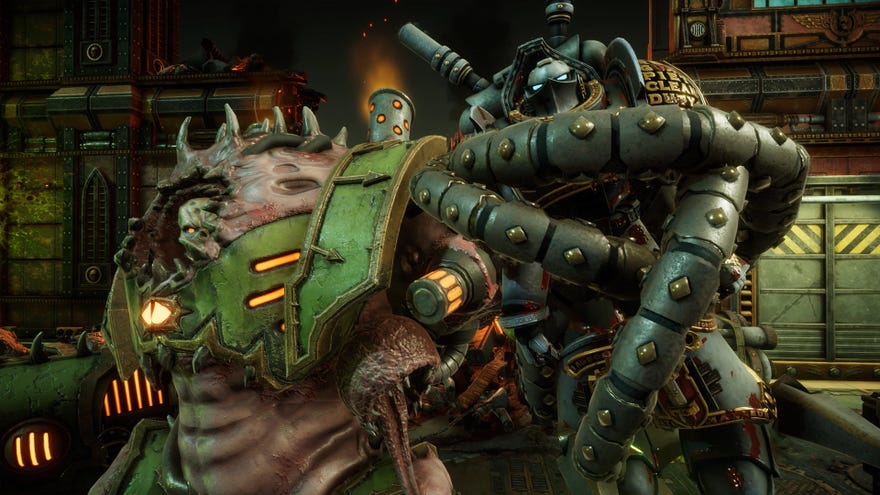 A fleshy monster with a skull hidden inside some armour clutches a space marine with metallic tentacles in Warhammer 40K: Chaos Gate - Daemonhunters