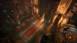 Warhammer 40K Rogue Trader official image showing a hall from high above with large statues, regalia, and golden light through the windows