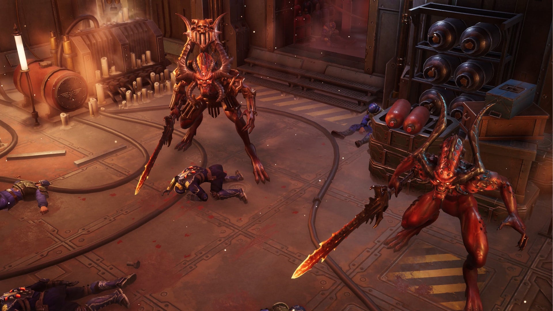 Two demons in an industrial setting in Warhammer 40K: Rogue Trader