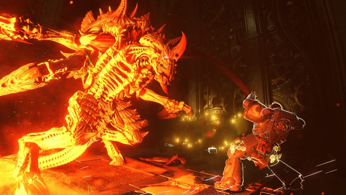 A carnifex attacks Titus, glowing in the light of a nearby explosion.