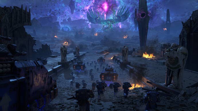 A battalion of space marines runs toward a chaos demon on the horizon.