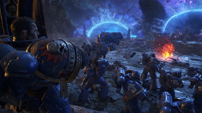 Titus aims his pistol into a group of enemies appearing from a portal.