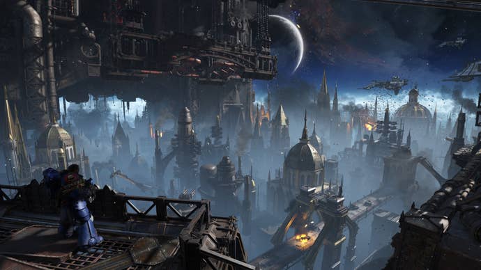 Titus looks over the vista of a planet covered in cathedral-like spires.