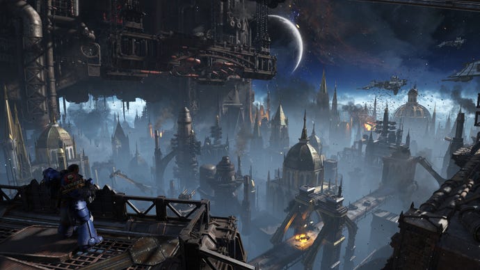 Titus looks over the vista of a planet covered in cathedral-like spires.
