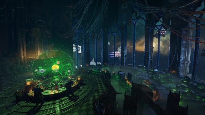 The bridge of a spaceship in Space Marine 2, with a glowing green map display.