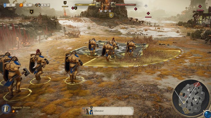 Fantasy warriors in a Warhammer Age of Sigmar: Realms of Ruin screenshot.