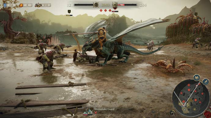 A close up shot of a Stormdrake Guard attacking Orruks in a multiplayer match in Warhammer Age Of Sigmar: Realms Of Ruin