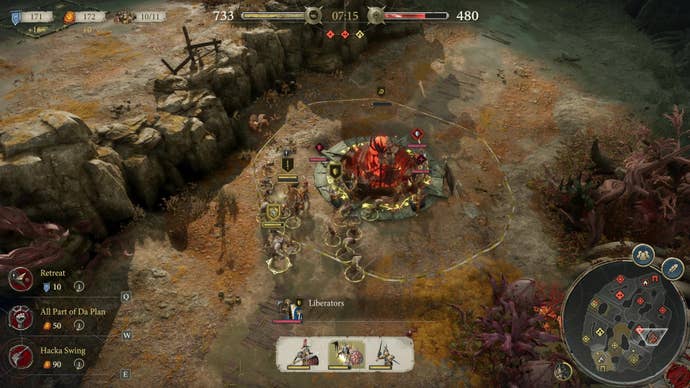 A battle ensues between Stormcast Eternals and Orruk Kruleboyz over an arcane conduit point in a multiplayer match in Warhammer Age Of Sigmar: Realms Of Ruin