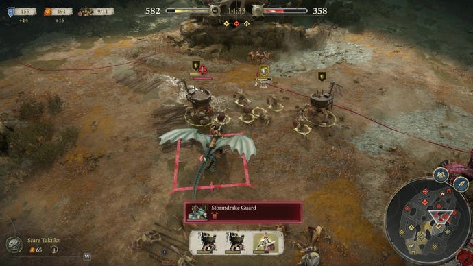 A Stormdrake Guard fights a large group of Orruks in a multiplayer match in Warhammer Age Of Sigmar: Realms Of Ruin